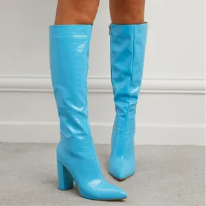 Stylish blue crocodile embossed pointed toe knee high boots with chunky block heel