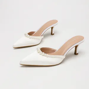 Elegant Satin Pointed Toe Stiletto Mules For Women Pearl Embellished High Heel Wedding Party Dress Shoes