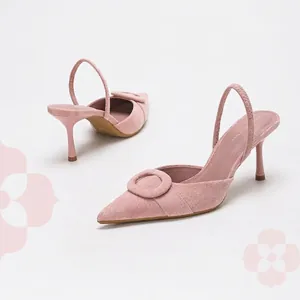 Women's Faux Suede Pointed Toe Slingback Heels Elegant Stiletto Pumps With Decorative Round Buckle Fashion Commute Shoes