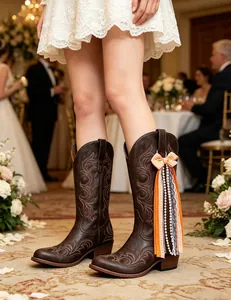 Detailed view of DIY Western cowboy boot charm with orange bow and lace ribbon streamers