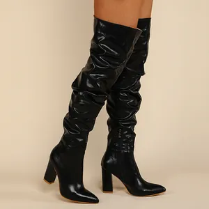 Cuissardes Sexy Plissées pour Femmes Cuir PU Bout Pointu Talons Aiguille Hauts Bottes Longues avec Fermeture Éclair Latérale
