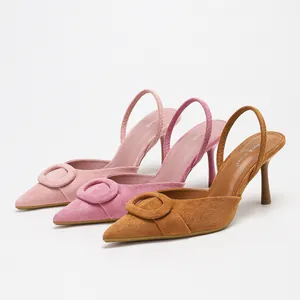 Elegant pointed toe slingback heels with suede buckle in pink and tan color