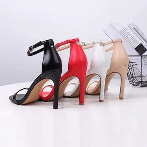 Elegant French-style single strap high heel sandals in black, red, white, and beige