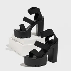 Side view of black 14cm chunky high heel platform sandals featuring three elastic straps.
