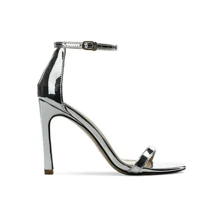 Elegant silver metallic high heel sandals with a sleek ankle strap and open toe design