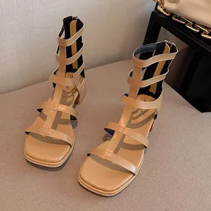 Sandales gladiateur beiges élégantes avec talon carré et fermeture éclair.