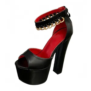 Detail shot of black chunky platform sandal featuring a bold gold chain ankle strap.