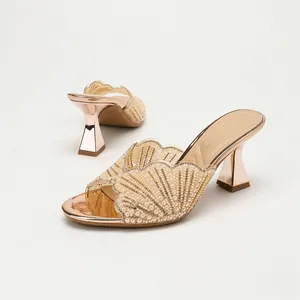 Women Luxurious Satin Rhinestone Artificial Pearl Mules Sexy Fan-Shaped Scalloped Lace Chunky High Heel Sandals For Wedding Banquet Party