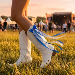 Blue and white bow ribbons accessory for cowboy boots on white western boots
