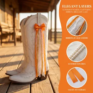Elegant white and orange ribbon bow decoration with lustrous pearls for western boots