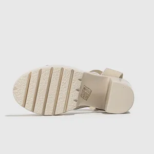 Close-up of the non-slip platform sole and chunky block heel on white high-heeled sandals