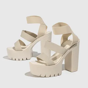 Side view of beige 14cm chunky heel platform sandals with comfortable elastic straps