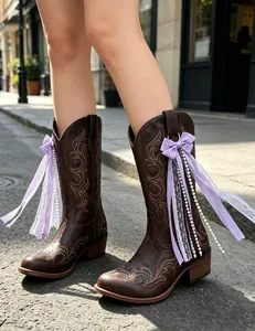 Charming purple ribbon bow and elegant pearl boot charms for DIY brown western cowboy boots