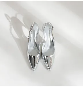 Elegant top view of silver metallic pointed-toe slingback heels with bead detailing
