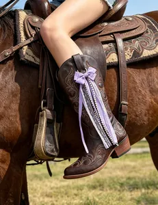 Close-up of purple ribbon bow accessory with pearls on a brown Western cowboy boot