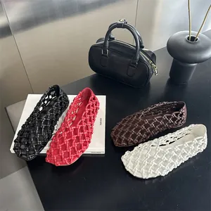 Close-up detail of four colors of hollow woven breathable flat sandals in French chic style