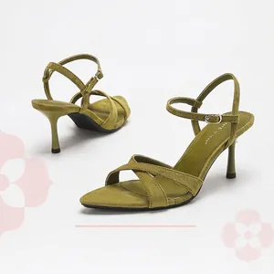 Women Velvet Stiletto Heels Open Toe Cross Strap High Heel Sandals Elegant Olive Green Sexy Commuter Office Dress Shoes