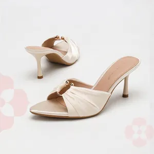 Women Satin Ruched High Heel Mules Square Toe Slip On Summer Sandals Elegant Pleated Slide Shoes For Vacation Party