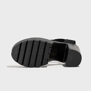 Detailed bottom view of black chunky heel sandal showing non-slip platform sole texture