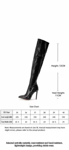 Elegant black crocodile-embossed over-the-knee stiletto boots with a sharp pointed toe.