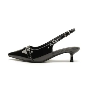 Elegant black patent leather slingback pumps with pointed toe and kitten heel