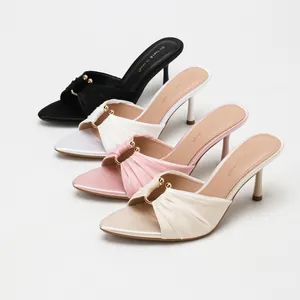 Elegant satin pleated high heel mules in four colors for summer vacation outfits