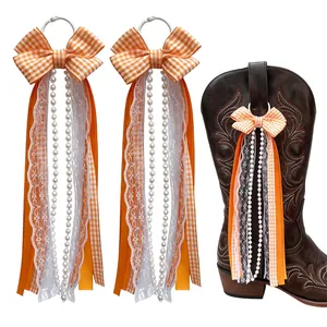 Western Cowboy Boot Charms For Women Polyester Ribbon Plaid Bow Tassel Artificial Pearl Lace Boot Decoration Shoe Accessories