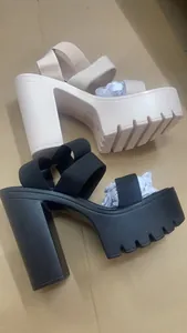 Side view of black and beige 14cm chunky high heel sandals with platform and elastic straps