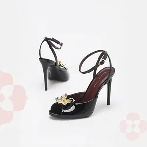 Women Sexy Patent Leather Peep-Toe Stiletto Sandals Gold Metal Flower Decor Ankle Strap Summer High Heels Wedding Party Shoes