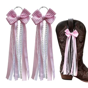 Pink plaid bow boot charms with ribbons and pearls for cowboy boots