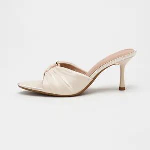 Elegant cream satin square toe high heel mule sandals with pleated design and gold bead