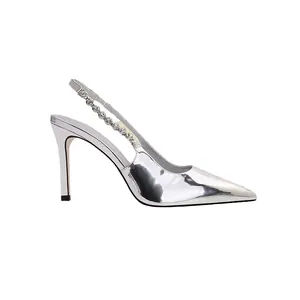 Elegant silver stiletto high heels with rhinestone slingback strap and pointed toe