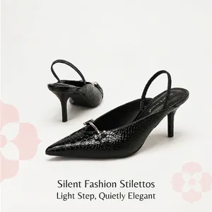 Damen Sandalen mit Hohem Absatz Spitz Zulaufend Slingback Lautlos Krokodilmuster Lackleder Metall Schnalle Retro Schuhe