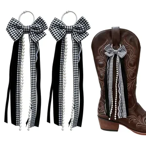 Checkered bow charms for cowboy boots with pearls and ribbons for DIY shoe decoration