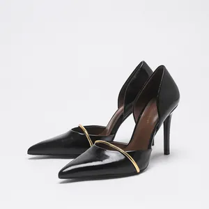 Elegant black pointed toe d'Orsay stiletto high heel pumps with gold metal instep strap