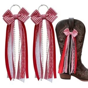 Handmade red and white checkered bow ribbon charms for western cowboy boots decoration