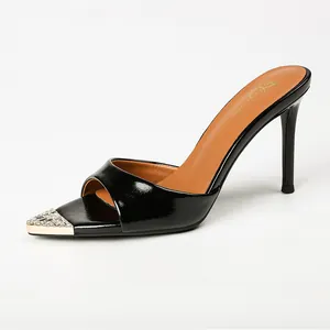 Elegant black patent leather pointed toe high heel stiletto mules with rhinestone details