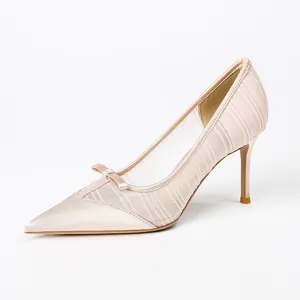 Elegant pointed-toe high heel pumps with bow and mesh stripe design in champagne