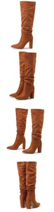 Detailed multiple views of brown suede slouchy knee-high boots with block heels