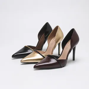 Elegant pointed-toe side-cutout stiletto pumps in black, gold, and burgundy leather