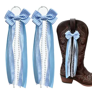 Pair of blue gingham bow charms with ribbons and pearls for western cowboy boot decoration