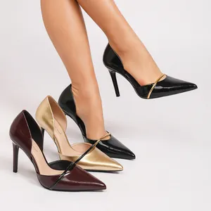 Elegant pointed toe d'Orsay stiletto pumps in black gold and burgundy for party wear