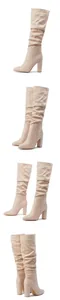 Multiple views of beige slouchy knee-high boots with pointed toe and block heel