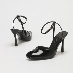 Women's Sexy Peep Toe High Heeled Sandals Wrinkled Mirror Patent Leather Slingback Stiletto Heels Lace-up Dress Shoes For Commute