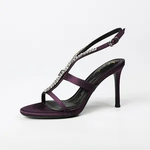 Purple satin peep-toe high heel sandals with rhinestone chain and thin strap