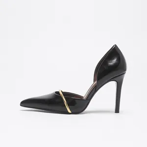Elegant black patent leather pointed toe high heels with a stylish gold ring detail