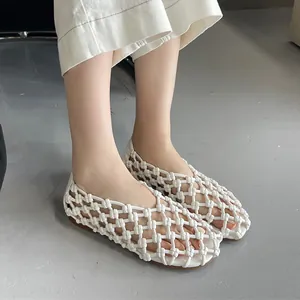Stylish white hollow woven flat sandals for women, breathable French style summer shoes