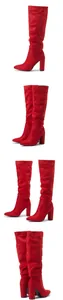 Multiple angles of stylish red slouchy high heel boots with pointed toe design