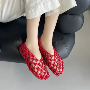 Stylish red hollow woven breathable flat sandals for women in French summer style