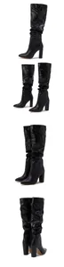 Detailed views of black pointed toe slouchy knee-high boots with chunky heels